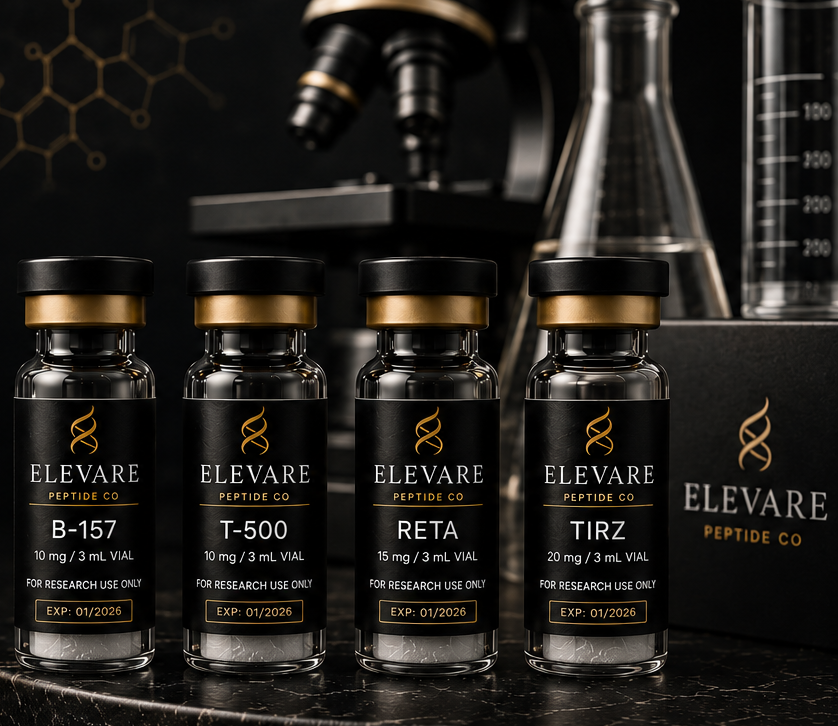 Elevare Peptide Co research vials — B-157, T-500, RETA and TIRZ